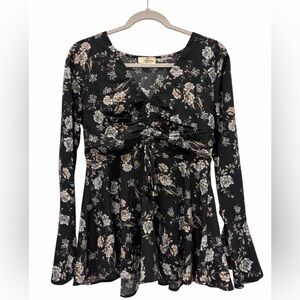 Entro Black Floral Babydoll Bell Sleeve Blouse Size Medium Grunge Fairycore